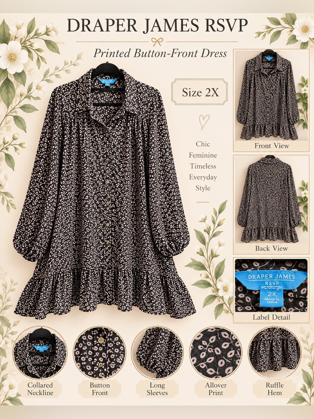 Draper James RSVP Black Floral Button Front Dress 2X Ruffle Hem